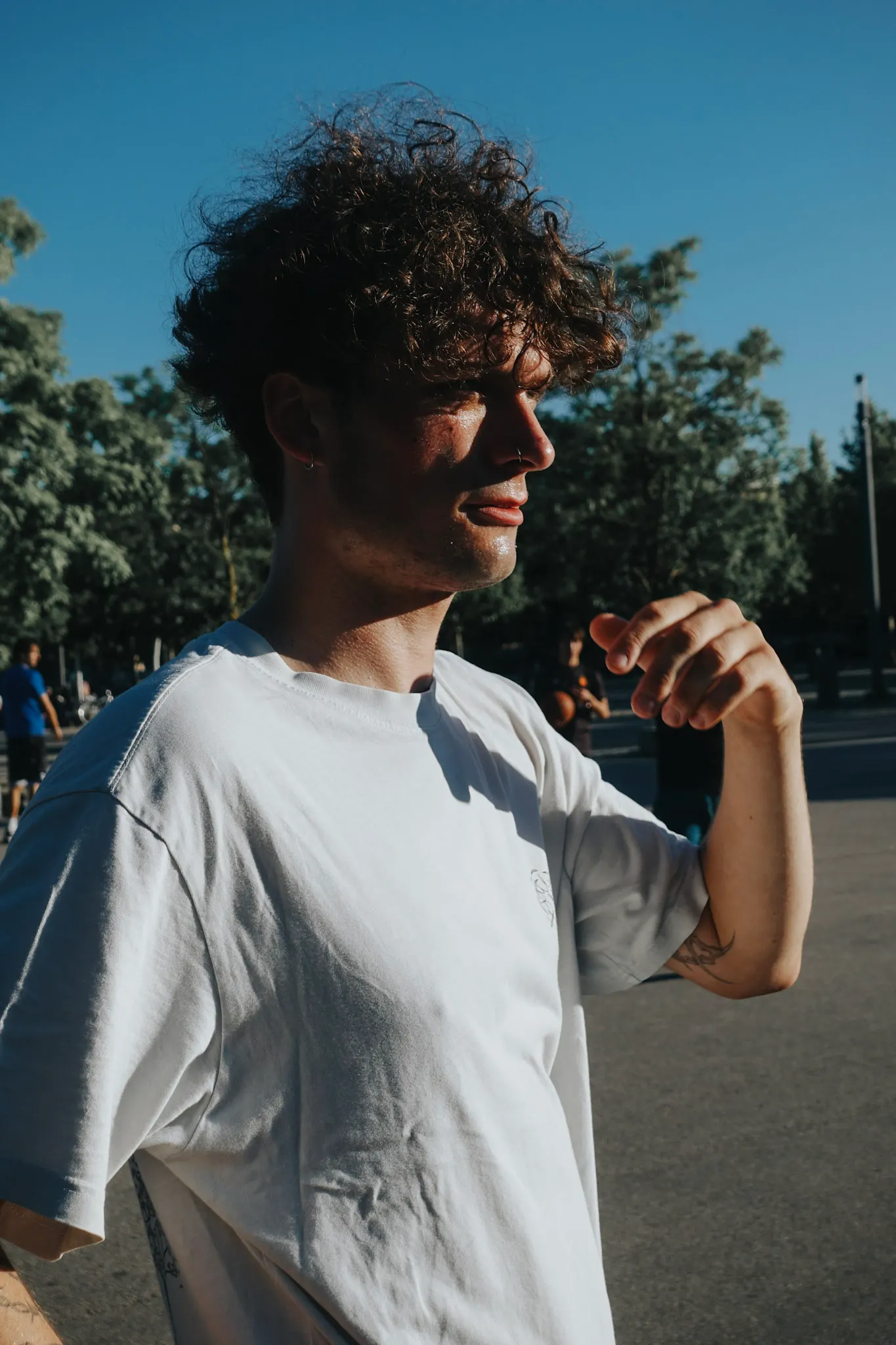 Young man with curly hair in a white t-shirt, looking to the side in warm sunlight, trees and a sunny park path behind him.